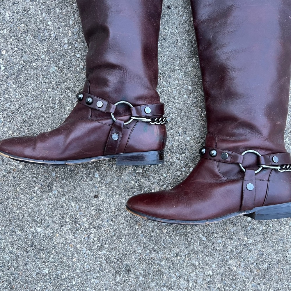 Brown Leather Tall Riding Boots Equestrian Style Size 7.5 Buckle Chain Old Money - Picture 5 of 17